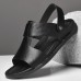 Men's Black Leather Sandals with Adjustable Strap, Stylish Cross-Design for Casual, Outdoor and Summer Wear