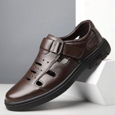 Men's Brown Faux Leather Breathable Fisherman Sandals Velcro Strap, Casual Closed-Toe Design, Comfortable Summer Footwear for Outdoors and Daily Wear