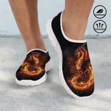 Men's Dragon Print Mesh Slip-On Sneakers - Lightweight Breathable Athletic Shoes for Running, Gym and Casual Wear