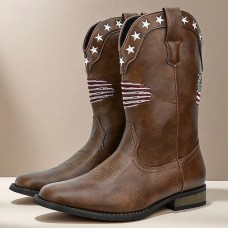 Men's Brown Faux Leather Western Boots with American Flag Design Bold and Stylish Boots for Country Events, Concerts and Casual Outings