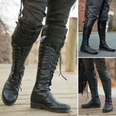 Men's Black Lace-Up Knee-High Boots with Buckle Straps Vintage-Style Military Combat Boots for Outdoor and Casual Wear