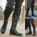 Men's Black Lace-Up Knee-High Boots with Buckle Straps Vintage-Style Military Combat Boots for Outdoor and Casual Wear