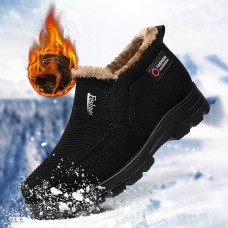Men's Black Warm Winter Slip-On Ankle Boots with Plush Fur Lining, Non-Slip Sole, and Textured Fabric Comfortable Outdoor Footwear