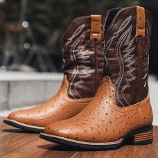 Men's Brown Faux Leather Cowboy Boots with Embroidered Detailing Classic Western Style for Casual Wear, Rodeos and Outdoor Events