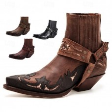 Men's Black Faux Leather Western Ankle Boots with Embroidered Detailing and Metal Harness - Cowboy Style Boots for Rodeo, Country Music Events, and Casual Wear