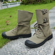 Men's Green Canvas Combat Boots with Buckle and Lace-Up Closure Durable Outdoor Hiking and Military Style Boots