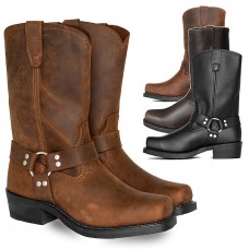 Men's Brown Distressed Faux Leather Motorcycle Boots - Classic Harness Style with Sturdy Construction for Biker and Casual Wear