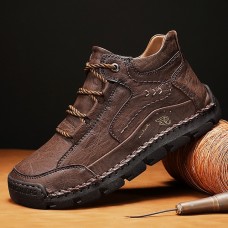 Men's Brown Leather Casual Lace-Up Ankle Boots Durable Stitching and Rugged Sole for Outdoor and Everyday Wear