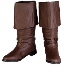 Men's Brown Faux Leather Pirate Boots Fold-Over Cuff Design with Buckle Accents, Perfect for Costumes, Renaissance Fairs, and Themed Events