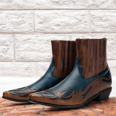Men's Brown and Blue Western Cowboy Boots Embroidered Faux Leather Design for Casual and Country Style Wear