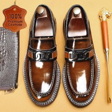Men's Premium Cowhide Leather Loafers with Glossy Finish, Chain Detail - Formal Dress Shoes for Business, Weddings & Special Occasions