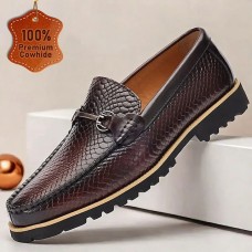 Men's Snakeskin Leather Loafers with Metal Bit Detail - Premium Cowhide Shoes for Formal & Casual Wear