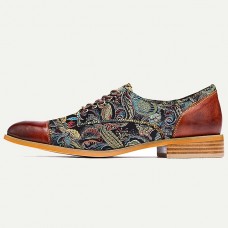 Men's Premium Sheepskin Oxford Shoes - Paisley Jacquard Fabric and Leather Lace-Up Dress Shoes for Elegant Occasions