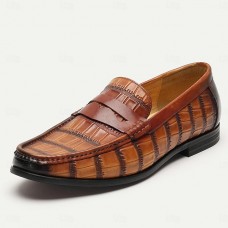 Men's Premium Cowhide Leather Crocodile Pattern Penny Loafers - Classic Slip-On Dress Shoes