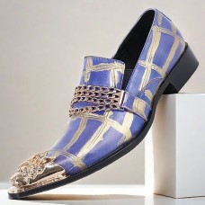 Men's Premium Cowhide Leather Loafers with Artistic Blue and Gold Geometric Design, Chain Detail, and Metallic Lion Head Luxury Slip-On Shoes for Special Occasions and Evening Wear