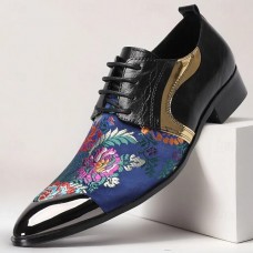 Men's Blue and Gold Floral Pattern Dress Shoes Stylish Formal Shoes for Elegant Parties and Social Gatherings
