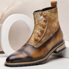 Men's Vintage Cowhide Leather Floral Brocade Ankle Boots with Button-Up Detail and Cap Toe Elegant Dress Boots for Formal and Casual Occasions