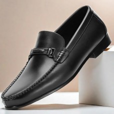 Men's Black Premium Cowhide Leather Loafers with Metal Buckle, Comfortable Slip-On Shoes for Formal and Casual Occasions