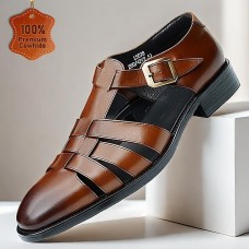 Men's Brown Premium Cowhide Leather Sandals Open-Toe Gladiator Style with Buckle Closure, Comfortable and Breathable Casual Shoes for Summer