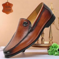 Men's Brown Leather Loafers Elegant Slip-On Dress Shoes with Metal Detail