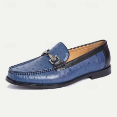 Men's Blue Premium Cowhide Leather Loafers with Ostrich Pattern and Metal Buckle Detail, Elegant Dress Shoes for Formal and Casual Occasions