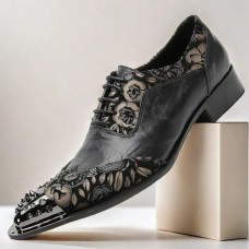 Men's Black Leather Lace-Up Dress Shoes Premium Cowhide with Floral Embroidery and Metal Studded Toe Cap for Formal Events and Parties
